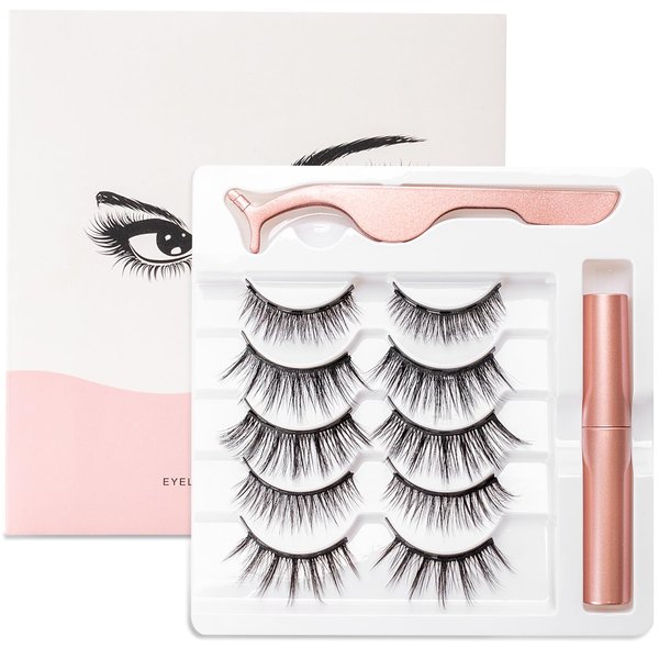 Magnetic Eyelashes Kit - 5 Pairs 3D 5D Reusable Lashes, 1 Tubes Magnetic Eyeliner, 1 Tweezers (5 pairs of thick styles)