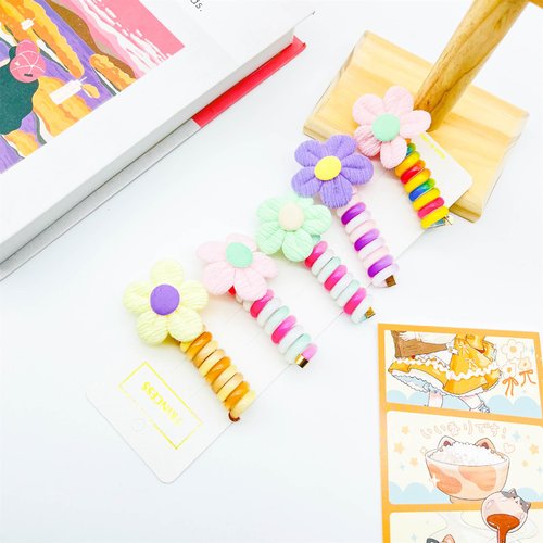 5 Pcs Colorful Telephone Wire Hair Bands Flower Bowknot Braided Phone Cord Straight Spiral Hair Tie for Women Girl Kids #05