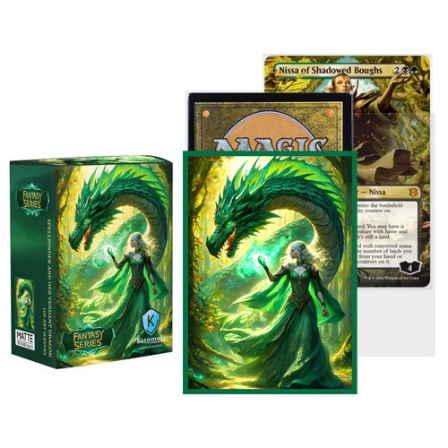 Katomula 100 PCS MTG Card Sleeves with 100 PCS Perfect Fit Sleeves, Art Matte Card Sleeves with Inner Sleeves - Fit Standard Size Cards - Spellbinder and Her Verdant Dragon