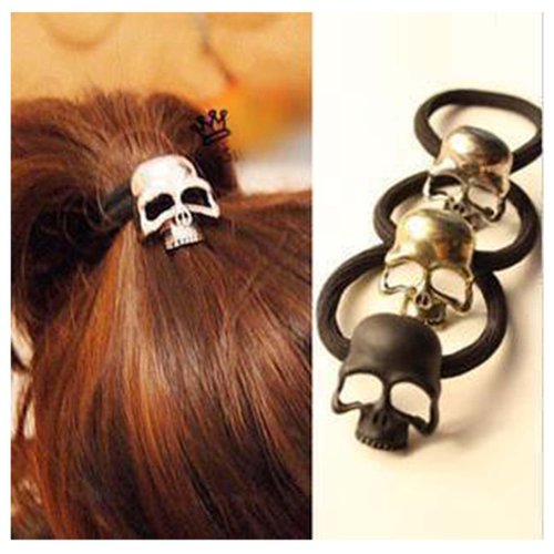 Aneneiceera Gothic Viking Hair Band with Skull Ponytail Holder, Black Rope Scrunchies, Punk Skeleton Hair Accessories Jewelry for Women and Girls (Silver)
