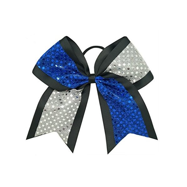 New "CONFETTI DOTS Blue & Silver" Cheer Bow Pony Tail 7 Inch Girls Hair Cheerleading Dance Practice Football Games Competition School Uniform Birthday Grosgrain Ribbon