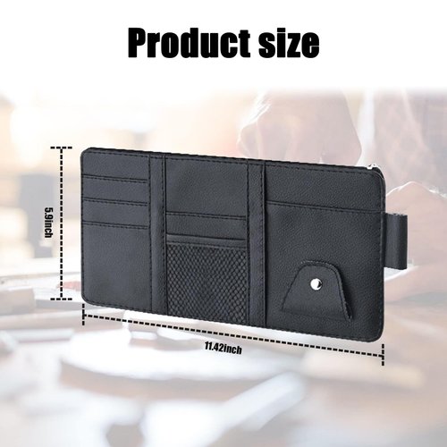 UGSHY Pack of 1 Leather Zipper Visor Storage Bag, Multifunctional Pocket Business Card Holder, 11.4In x 5.9In Car Sun Visor Organizer, for Men Women Car Interior Receiving (Black)