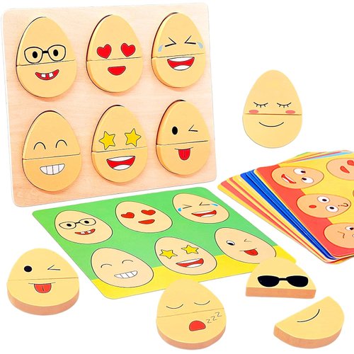 Easter Basket Stuffers for Toddler Babies, Easter Gift for Toddlers Baby Boy Girl 1-3, Montessori Wooden Puzzle Preschool Educational Toys with 10 Facial Expression Cards Sorting & Matching Toys