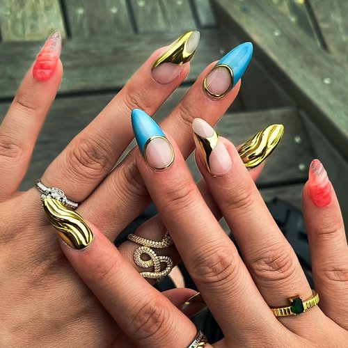 TENPAL Metallic Press on Nails Almond Nails Press ons Full Cover Golden Fake Nails With Glue Handmade Acrylic False Nails With Sweet Cool Y2k 3D Waves Designs 10pcs/Box Stick on Nails For Women(S)