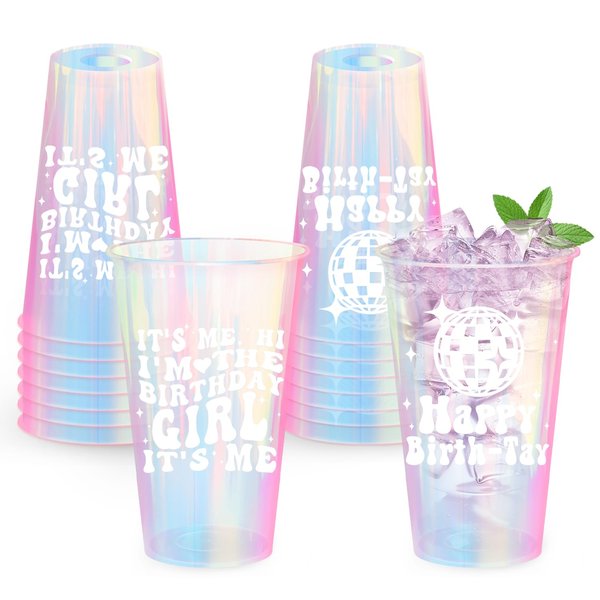 16 Pcs 2 Styles Eras Party Plastic Cups, 16 oz Its Me Hi Im The Birthday Girl Its Me Plastic Cups, Iridescent Happy Birth-Tay Cups, Reusable Disco Ball Drink Cups for Girls Night Birthday Party