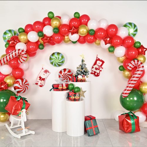 Christmas Balloon Garland Arch Kit Red Green Gold White Latex Balloons Gold Confetti Christmas Cane Candy Gift Box Star Foil Balloons for Xmas New Year Party Decoration Supplies