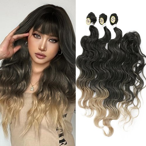 HANNE Synthetic Hair Bundles with Closure Body Wave Hair Extensions 18 20 22 Inch with Lace Closure Heat Resistant Colorful Mixed Blonde Synthetic Bundles