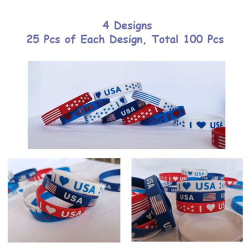 American Flag Silicone Bracelets 100Pcs, Presidential Inauguration Fourth 4th of July Party Accessories USA Veterans Day Memorial Day Patriotic Party Red White and Blue Wristband Party Favors School
