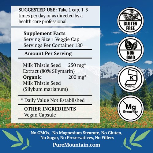 Pure Mountain Botanicals High Potency Milk Thistle -180 Kosher Vegan Capsules with 450mg Organic Milk Thistle Seed and Extract