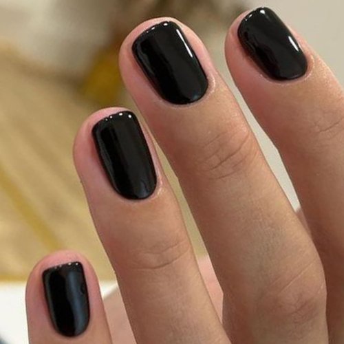 GLAMERMAID Extra Short Press on Nails - Pure Black Fake Nails Short Squoval, Natural Round Square Glue on Nails Glossy Gel, Acrylic Dark False Nail Kits for Women, Reusable Stick on Full Cover Nails