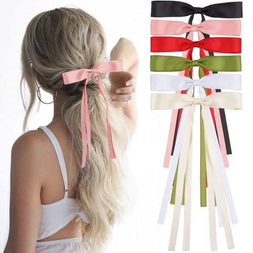 6Pcs Hair Bows for Women Tassel Ribbon Bow Hair Clips Silky Satin Bow Barrettes Hair Ribbons Bows Clips for Ponytail Holder Cute Bows Long Tail Hair Accessories for Women Girls Teens