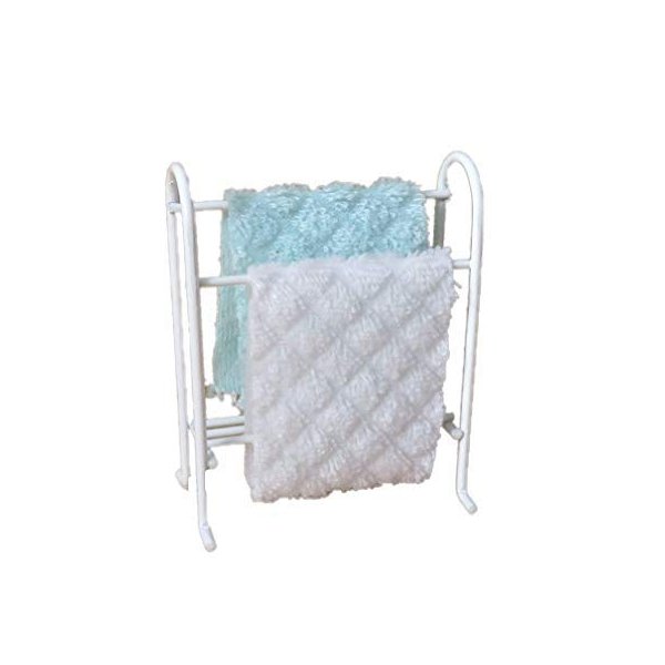 Melody Jane Dollhouse White Wire Towel Rail Rack & Aqua & White Towels Bathroom Furniture