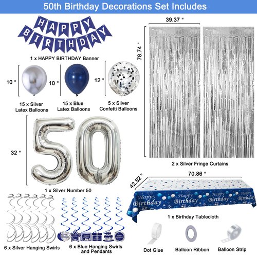 50th Birthday Decorations Men Blue and Silver, 50th Birthday Party Decorations Women, Happy Birthday Banner 50th Birthday Balloons for Him Her Tablecloth Fringe Curtains Swirls Bday Party Supplies