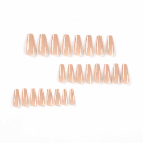 Foccna Coffin Press on Nails Nude Long Acrylic Artificial Nails Simple Glossy Fake / False Nails with Glossy Ballerina Nails for Women and Girls,24Pcs