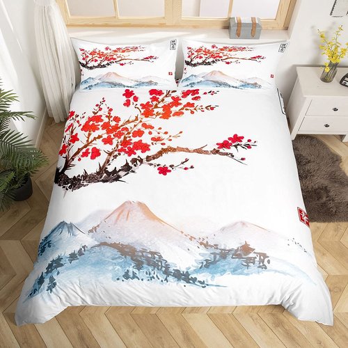 Cherry Blossoms Comforter Cover Twin Size for Girls Women Japanese Red Floral Decor Bedding Set Adult Teens Japanese Style Ukiyoe Theme Soft Duvet Cover Mount Fuji Pattern Bedspread with Zipper Ties
