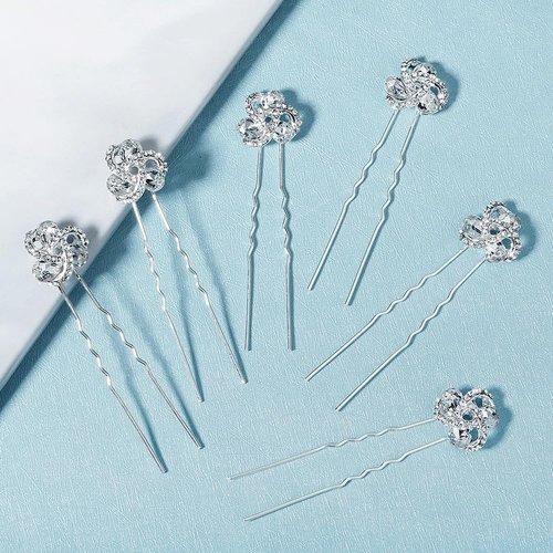 Vintage Crystal Flower U Shape Hair Clips, 6Pcs Sparkle Rhinestone Hair Clips French Pearl Barrettes, Wedding Hair Pins Hair Accessories for Women Girls Bride Bridesmaid