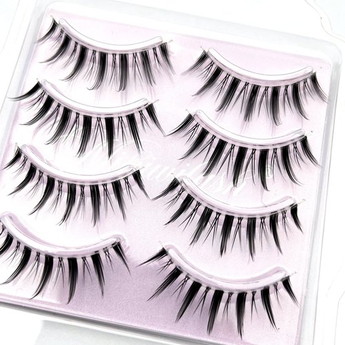 MIKIWI Manga Lashes, Clear Band Anime Lashes 4 Pack, Spiky Anime False Eyelashes Natural Look, Japanese Lashes Looks Like Cluster Manga Lashes Individual, Reusable Cosplay Wispy Strip Eyelashes