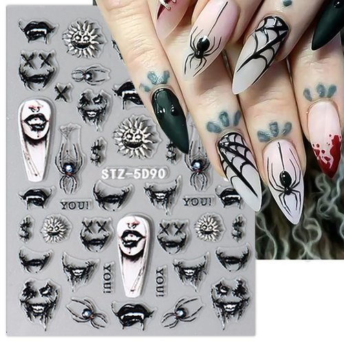5D Halloween Nail Art Sticker Embossed Horror Ghost Nail Decals Flame Skull Self-Adhesive Nail Sticker Spider Web Bat Evil Eye Nail Design Stickers Scary Skeleton Devil Nail Supplies for Women 8Sheets