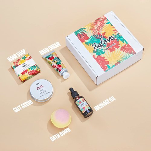 Spa Gifts for Women, Gift Set, Self Care Kit, Birthday Gifts, 5pc Rose Bath Sets Include Massage Oil, Bath Bomb, Salt Scrub, Soap, Hand Cream, Mothers Day Gifts for Mom