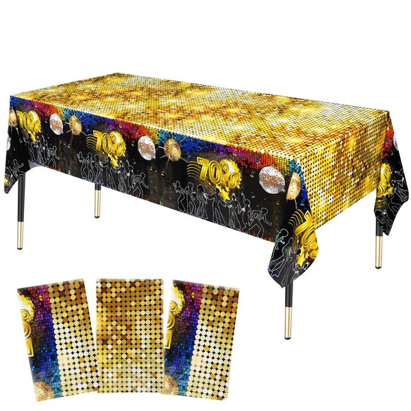 Lecinc 3 Pieces 70’s Disco Party Plastic Rectangle Tablecloth,70s Party Table Cover 70s Disco Throwback Birthday Party Decoration for 1970s Theme Party Decorations Supplies, 51.2 x 108 Inch