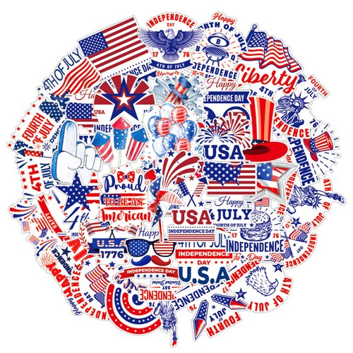50pcs 4th of July Stickers Independence Day Decals Stickers Self Adhesive Patriotic Stickers American USA Flag Red Blue Star Design Stickers Memorial Day Craft Stickers for Party Supplies Decorations