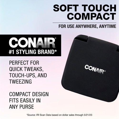 Conair Pocket Mirror for Women or Men, Small Compact Mirror for Purses or Toiletry Bags, Travel Magnifying Makeup Mirror with 1x/5x Magnification in Black