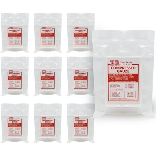 Ever Ready First Aid Compressed Sterile Gauze, 6-Ply Emergency Medical Dressing for First Aid Kits – 4.5” x 4.1 Yards - 10 Pack