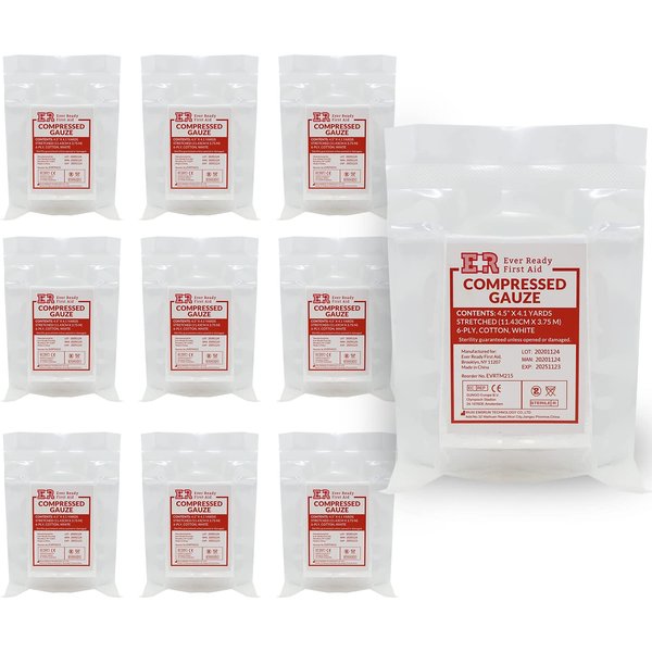 Ever Ready First Aid Compressed Sterile Gauze, 6-Ply Emergency Medical Dressing for First Aid Kits – 4.5” x 4.1 Yards - 10 Pack