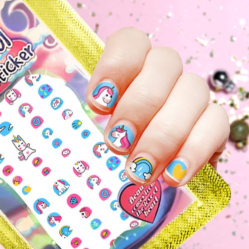 Unicorn Kids Nail Art Stickers Decals for Little Girls, 500+ Cute Rainbow Heart Stars Princess Aniuvot Nail Wrap Decoration Self Adhesive Finger Toe Tip Stickers Birthday Party Favor Gift