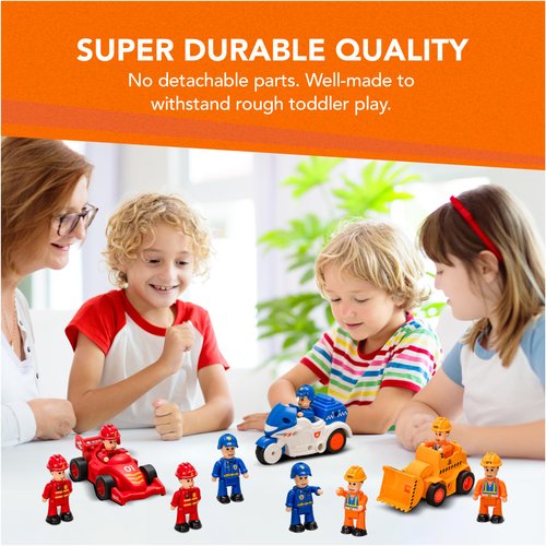 FUNERICA 12-Pcs People Figures and Toy Cars Playset - Fireman, Police, Construction Workers - Pretend Play Vehicle & Figurine Set Accessories for Kids - Emergency Rescue & Construction Toys