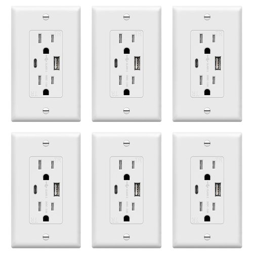 TOPGREENER USB Outlet, Type C Wall Charger 15 Amp TR Receptacle Plug, Charging Power Outlet with Ports, Electrical Socket, UL Listed, TU21536AC-W-6PCS, White, 6 Pack