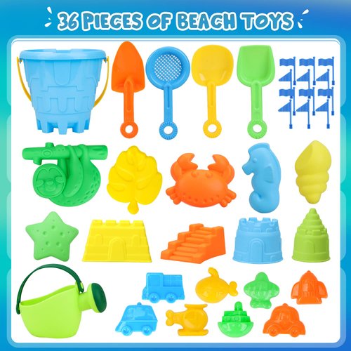 TOY Life 36Pcs Kids Beach Toys - Toddler Sand Toys Sandbox Toys with Beach Bucket Shovel Set, Sieve, Sand Castle Molds Kit, Animal Molds, Mesh Bag, Sand Castle Toys Travel Beach Toys for Kids
