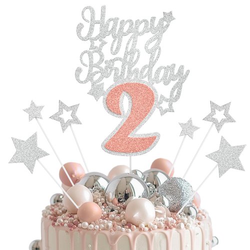 2nd Happy Birthday Cake Topper, Rose Gold Silver Glitter 2nd Anniversary Cake Decoration for Baby Girl