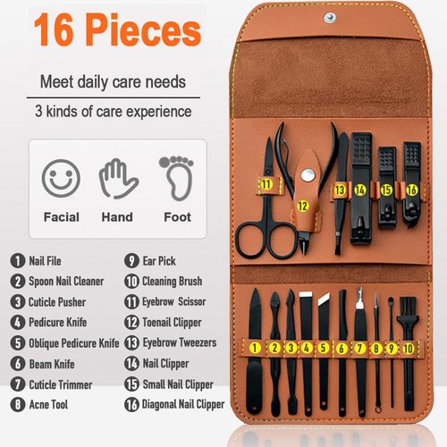 Manicure Pedicure Kit, Nail Clippers Set, Fingernail and Toenail Clipper Cutters, 16 Pieces Stainless Steel Professional Nail Care Tools with Travel Leather Case for Men Women Gift