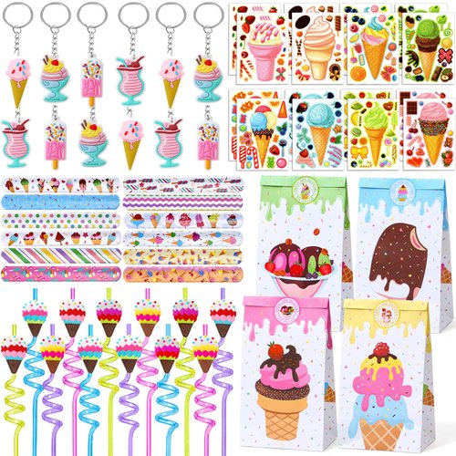 Winrayk Ice Cream Party Favors Birthday Supplies for Girls, Drinking Straw Gift Bag Diy Sticker Keychain Slap Bracelet, Goody Bag Stuffer Pinata Filler Kids Two Sweet Birthday Party Supplies Decor