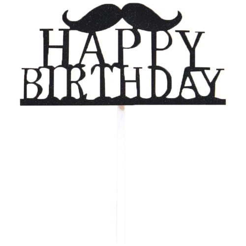 Flairs New York Happy Birthday Decorations Banner Cake Toppers Party Props (Pack of 1 Cake Topper, Black Mustache Happy Birthday)