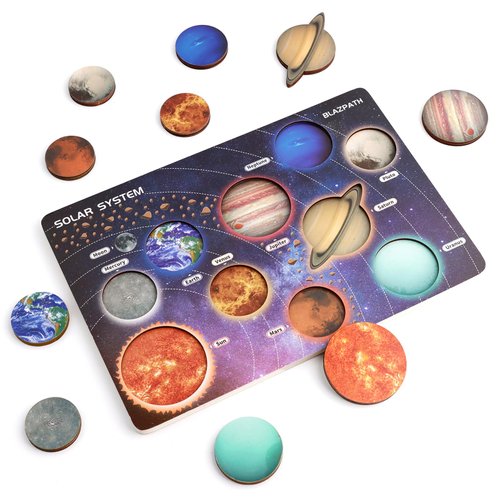 BLAZPATH Solar System Planet Space Wooden Puzzle Toys for Kids 3-5, Toddler Montessori Educational Planet Name Match Board Game, Baby Outer Space Sensory Toy, Preschool Science Learning Activities