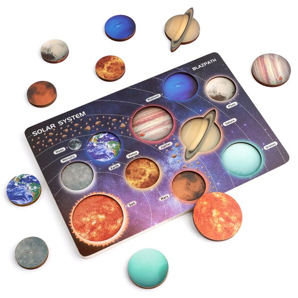 BLAZPATH Solar System Planet Space Wooden Puzzle Toys for Kids 3-5, Toddler Montessori Educational Planet Name Match Board Game, Baby Outer Space Sensory Toy, Preschool Science Learning Activities