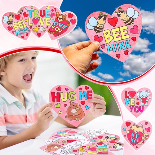 Realspring 24 Sets Valentine's Day Crafts Heart Magnet Craft Kit Color Your Own Heart Craft Funny Valentines DIY Craft Ornament for Preschool Classroom Home Project Activity Party Supplies Favors