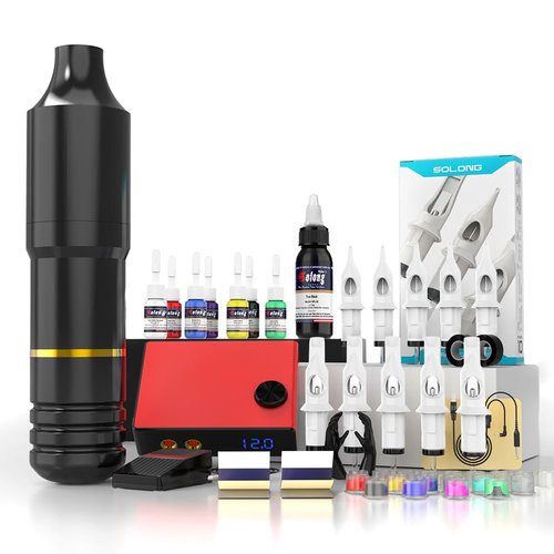 Tattoo Gun, Solong Complete Tattoo Kit Rotary Tattoo Machine for Beginners and Artists Professional Tattoo Gun Kit with Tattoo Catridges Needles and Tattoo Ink(60 Piece Set)
