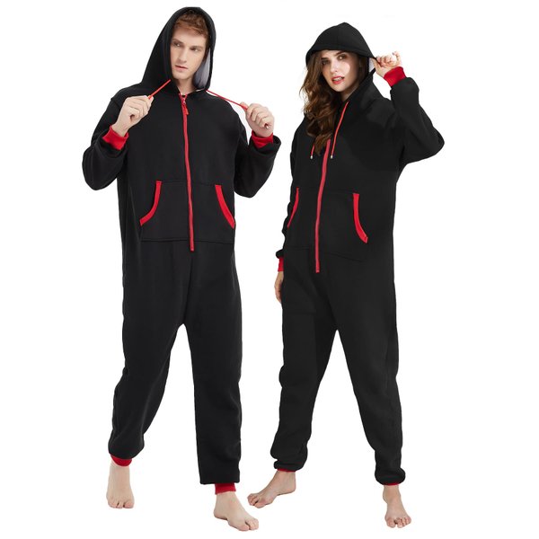 Kgromfy Adult Onesie Non-Footed Hooded Jumpsuit Family Couples Matching Pajamas Zipper Sleepwear One Piece Christmas Loungewear for Women Men Black Red Zipper-L
