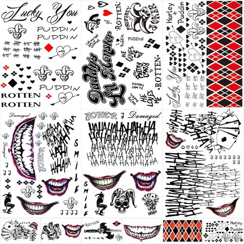 JEEFONNA 16 Sheets Halloween Temporary Tattoos for Joker for Suicide Squad, Perfect Halloween Tattoos for Harley Quinn, Costumes, Halloween Party Accessories and Cosplay for Harley Quinn (Mixed's)