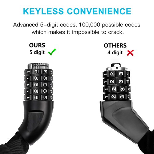 UBULLOX Bike Chain Lock 3FT Bike Lock 5-Digit Combination Bike Lock Anti-Theft Bicycle Lock Resettable Bike Lock Chain for Bicycle, Motorcycle and More, Black