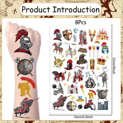Medieval Knight Temporary Tattoos Stickers - 200+ Yoyuspy Medieval Party Decorations Knights Soldier Tattoo Stickers Gifts for Boys Castle Fake Tattoos for Kids Birthday Party Supplies Favors Prizes