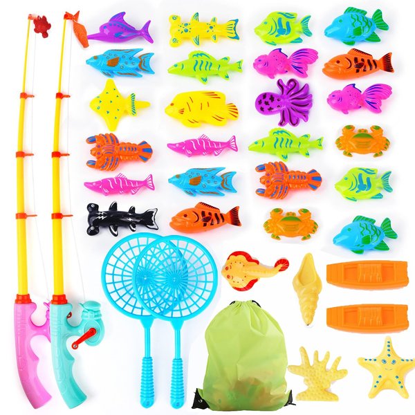Magnetic Fishing Game - 36 Pcs Color Ocean Sea Animals Plastic Floating Fish with Pole Rod Net Storage Bag, Water Table Bathtub Game for Age 3 4 5 6 Year Kids Toddler, Bath Toys for Kids Ages 4-8