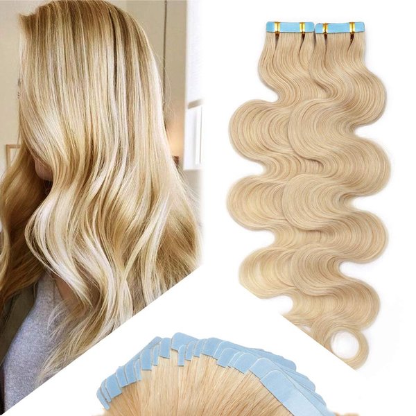 Hairro 18 Inch Tape in Hair Extensions Wavy Remy Human Hair 40pcs 100g #60 Platinum Blonde Body Wave Seamless Skin Weft Glue in Human Hairpieces with Invisible Double Sided Tape