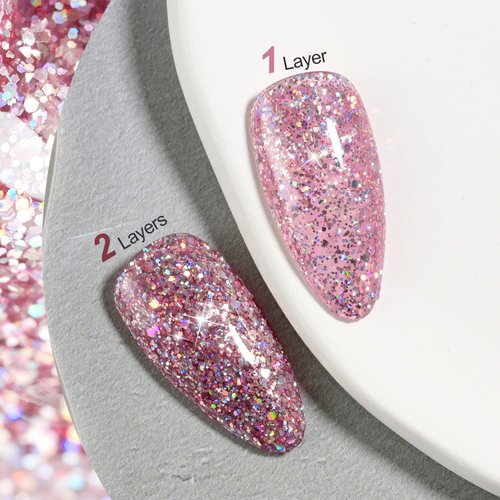 GAOY Glitter Gel Nail Polish, 16ml Pink Sparkly Gel Polish, Diamond Shiny Soak Off Glitter UV Gel for Nail Art, 1125 Pink Bloosms