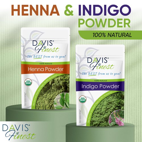 Davis Finest Henna Indigo Powder for Hair Color – 100g Henna with 100g Indigo, Chemical Free Hair Dye for Gray Hair Coverage, Light/Medium/Dark Brown/Black PPD-Free Beard Dye, No Peroxide Hair Color