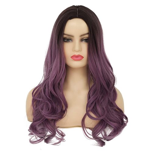 Kaneles Ombre Purple Long Wavy Wig with Dark Roots Ombre Purple Curly Hair Middle Part Synthetic Cosplay Halloween Costume Wig (Black and Purple)