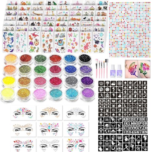 Temporary Glitter Tattoos Kit for Kids, Face Gems, Rhinestones, Tattoo Stickers for Kids, Face Jewels Stick On, Make Up Kit Fake Tattoos Stickers, Gift for Girls Boys Birthday Party Festival